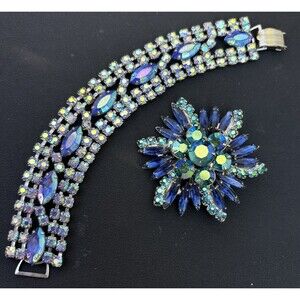 Vintage AB Rhinestone Bracelet Brooch Set Blue Green Wide Statement 50s